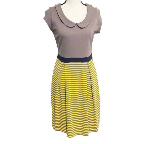 Boden Lila Dress Sz 6R Taupe Gray Yellow Striped Peter Pan Collar Mod - Picture 2 of 5